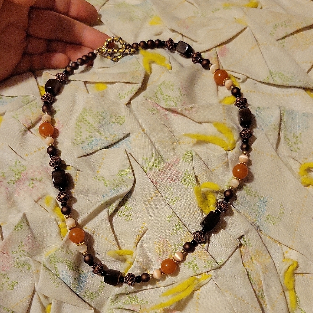 Fall Tone Beaded Necklace with Orange, Bronze, Gold Tone and Black Highlights